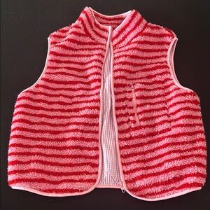 Red and Pink Striped Fleece Vest with pinkish purple gingham inside